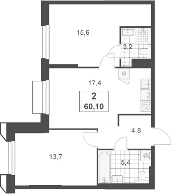 Планировка: Евротрёшка 60,1 м² в ЖК «Южные сады»