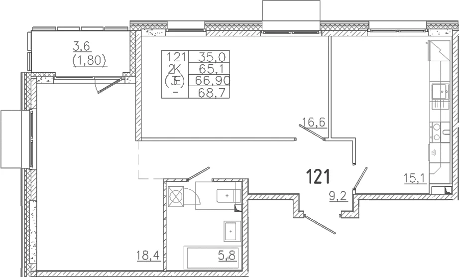 Планировка: Евротрёшка 65,1 м² в ЖК «Лисино»