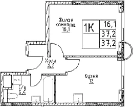Планировка: 1-комнатная квартира 37,2 м² в ЖК «Наметкин Тауэр»