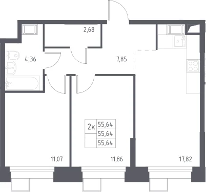 Планировка: Евротрёшка 55,6 м² в ЖК «Тропарево Парк»
