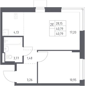 Планировка: Евродвушка 40,8 м² в ЖК «Подольские кварталы»