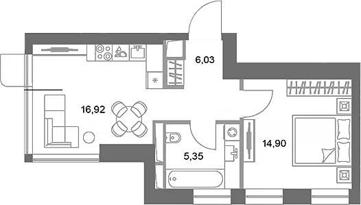 Планировка: 1-комнатная квартира 43,2 м² в ЖК «ФАЙВ ТАУЭРС»