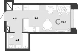 Планировка: Студия 25,6 м² в ЖК «Страна.Заречная»