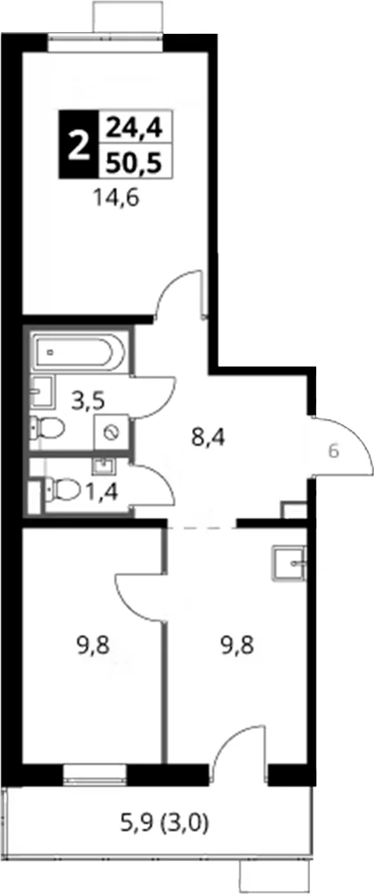 Планировка: 2-комнатная квартира 47,5 м² в ЖК «1-й Саларьевский»