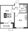 Планировка: 1-комнатная квартира 32,6 м² в ЖК «Южная Битца»