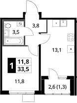 Планировка: 1-комнатная квартира 32,2 м² в ЖК «1-й Ясеневский»