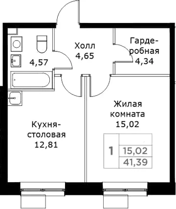 Планировка: 1-комнатная квартира 41,4 м² в ЖК «КИТ»