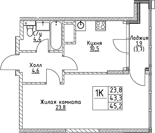 Планировка: 1-комнатная квартира 43,3 м² в ЖК «ВЭРИ на Миклухо-Маклая»