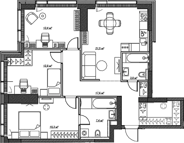 Планировка: 3-комнатная квартира 93,8 м² в ЖК «Веер»