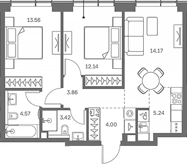 Планировка: Евротрёшка 61 м² в ЖК «TATE»