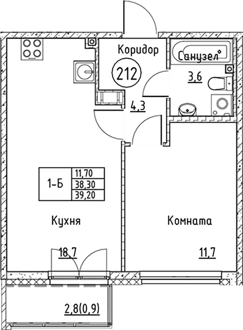 Планировка: Евродвушка 38,3 м² в ЖК «Кронунг Юг»