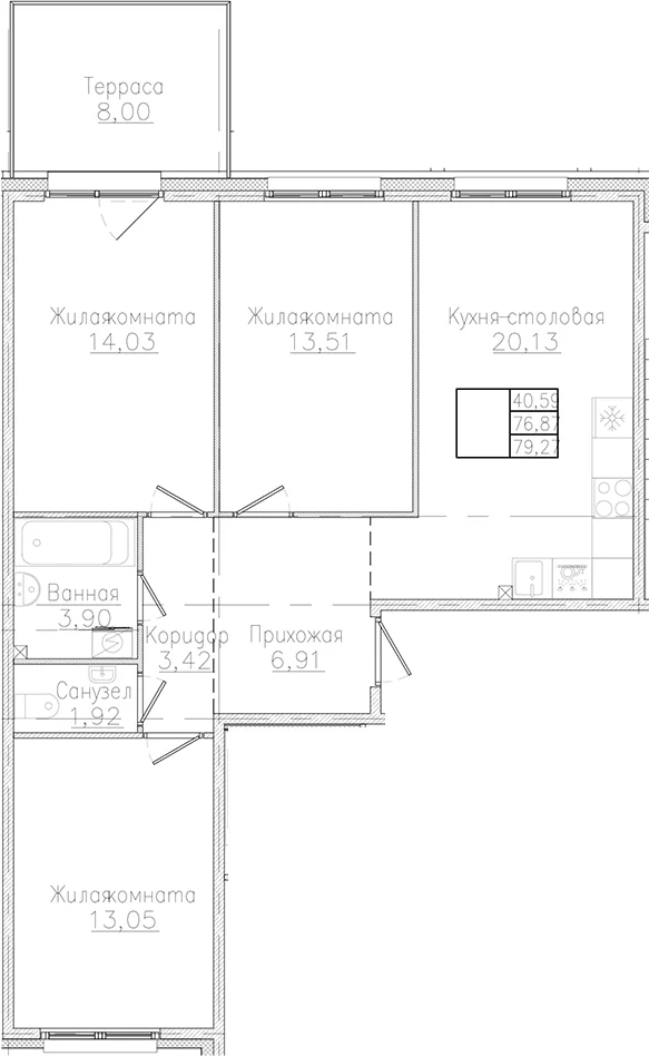 Планировка: 3-комнатная квартира 76,9 м² в ЖК «Счастье 2.0»