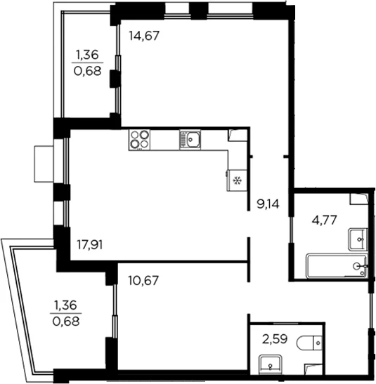 Планировка: Евротрёшка 59,8 м² в ЖК «Респект»