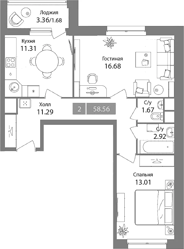 Планировка: 2-комнатная квартира 56,9 м² в ЖК «Планерный квартал»