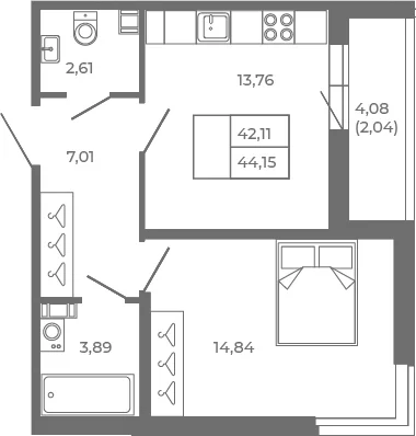 Планировка: 1-комнатная квартира 42,1 м² в ЖК «Новая история»