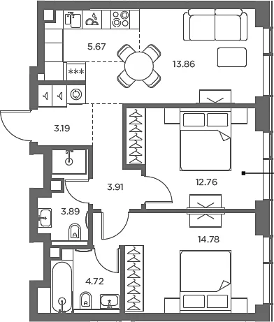 Планировка: Евротрёшка 62,8 м² в ЖК «TATE»