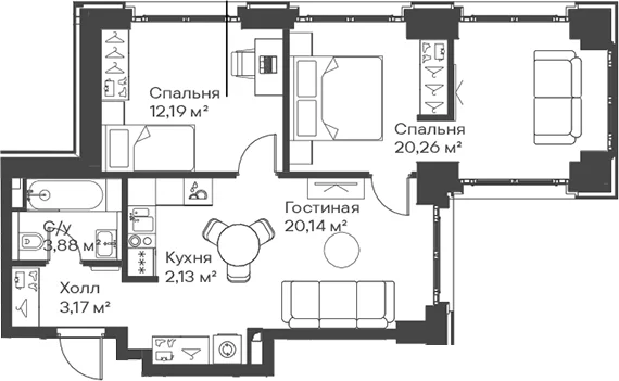 Планировка: Евротрёшка 61,8 м² в ЖК «Сити Бэй»