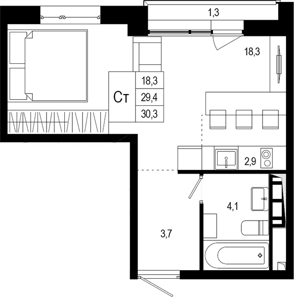 Планировка: Студия 29,4 м² в ЖК «Новая Щербинка»