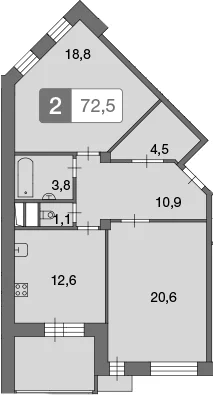 Планировка: 2-комнатная квартира 72,3 м² в ЖК «Ново-Никольское»