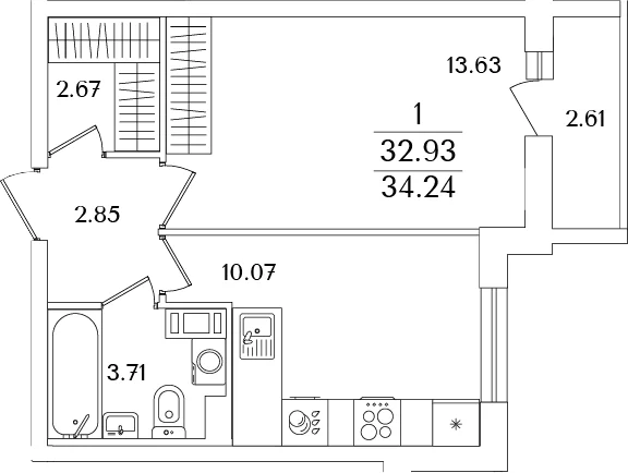 Планировка: 1-комнатная квартира 32,9 м² в ЖК «Кинопарк»