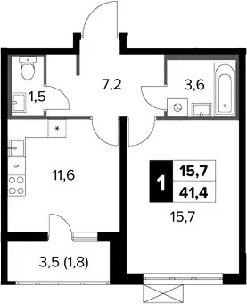 Планировка: 1-комнатная квартира 39,6 м² в ЖК «Южная Битца»