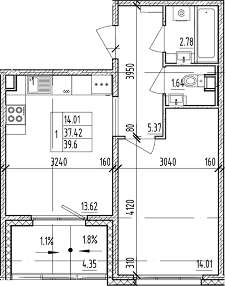 Планировка: 1-комнатная квартира 37,4 м² в ЖК «ЛесАрт»