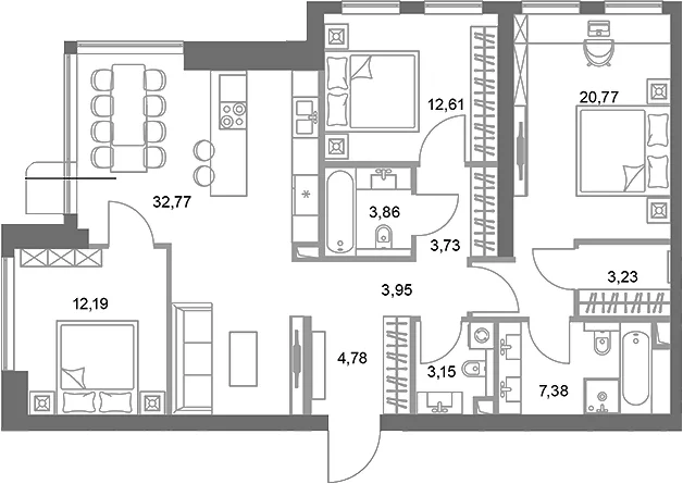 Планировка: 3-комнатная квартира 108,4 м² в ЖК «ФАЙВ ТАУЭРС»