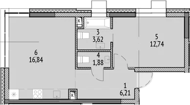 Планировка: Евродвушка 43,4 м² в ЖК «N'ICE LOFT»