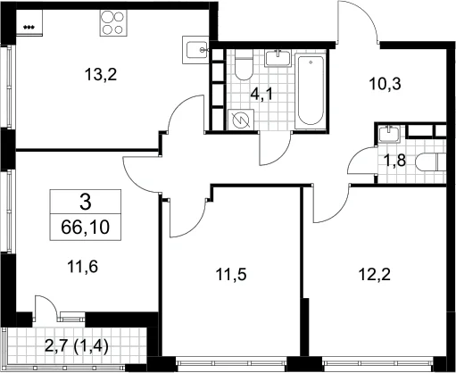 Планировка: 3-комнатная квартира 64,7 м² в ЖК «Родные кварталы»
