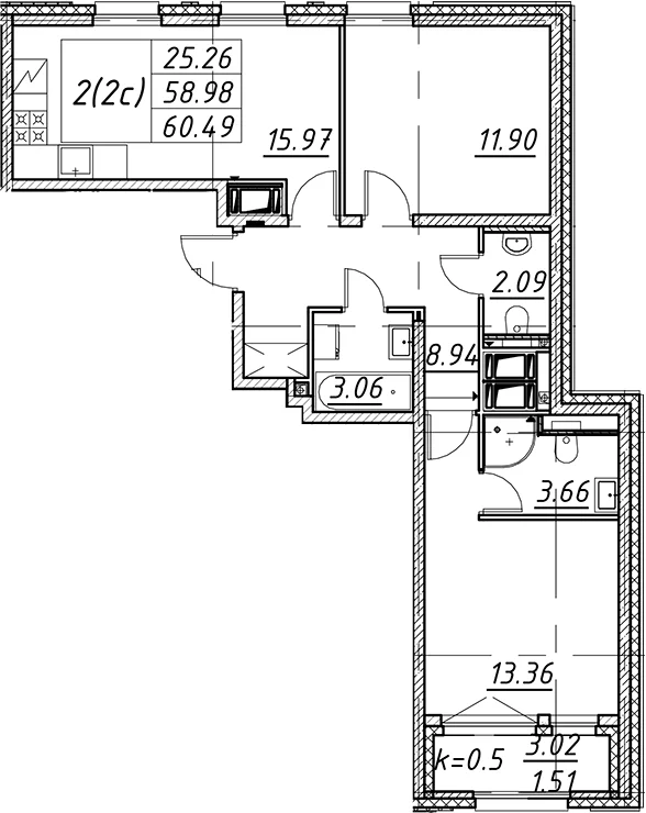 Планировка: Евротрёшка 59 м² в ЖК «Цивилизация на Неве»
