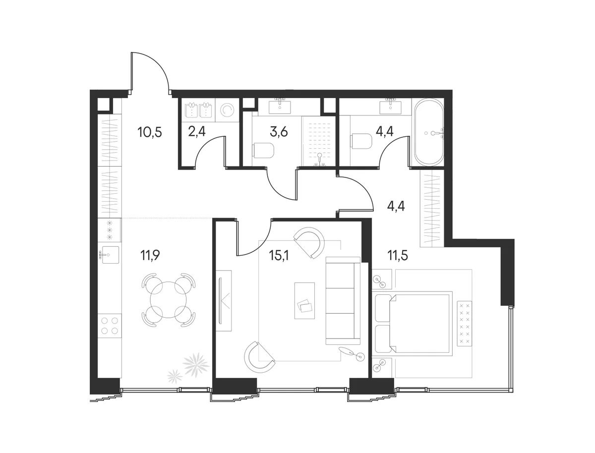 Планировка: 2-комнатная квартира 63,8 м² в ЖК «Клубный город на реке Примавера»