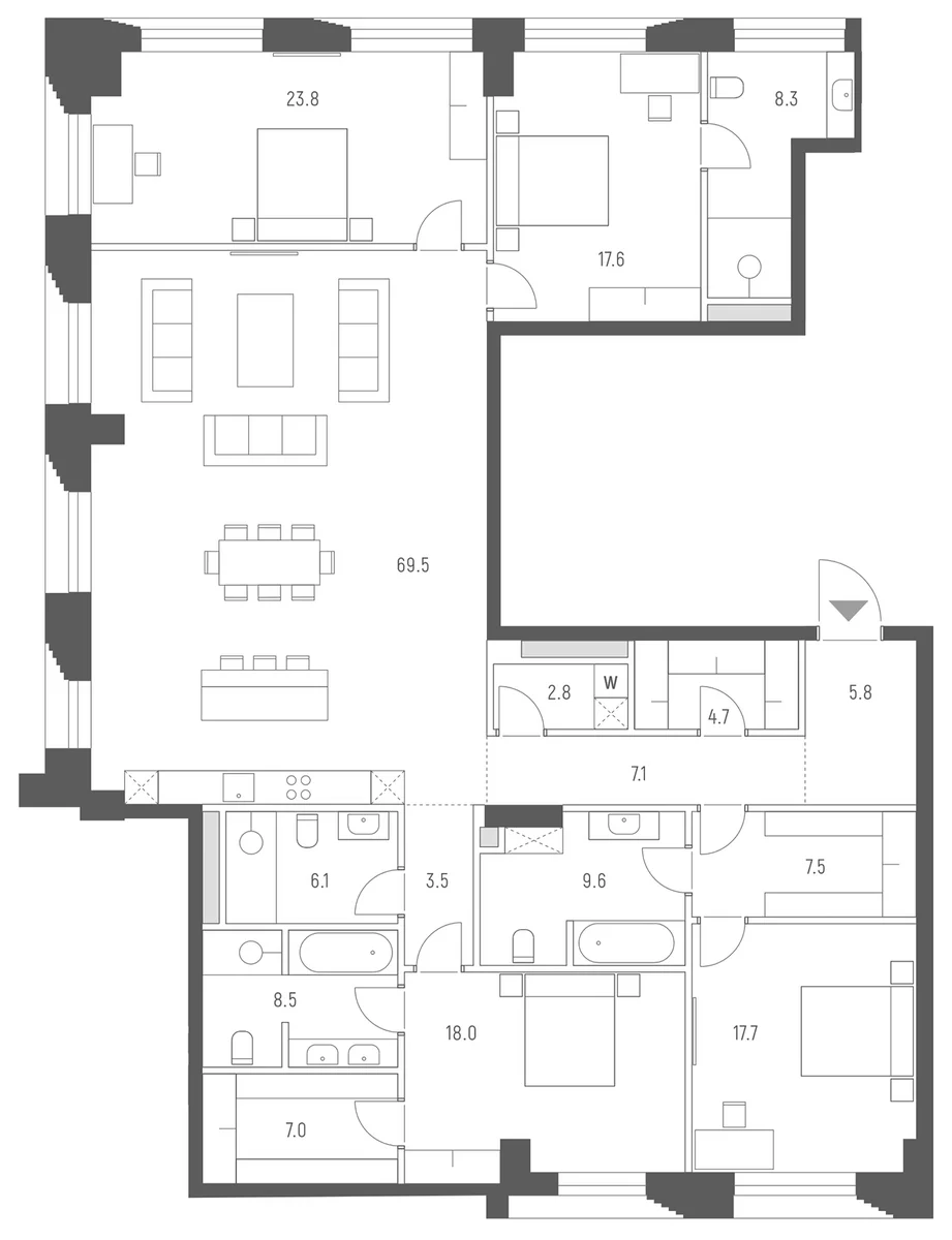 Планировка: Квартира евро-5 217,5 м² в ЖК «Веспер Кутузовский»