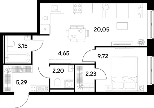 Планировка: Евродвушка 47,3 м² в ЖК «Космопарк»