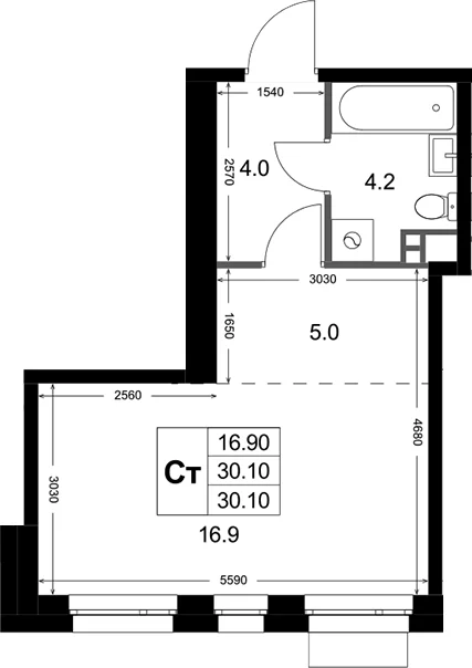 Планировка: Студия 30,1 м² в ЖК «Кореневский Форт 2.3»