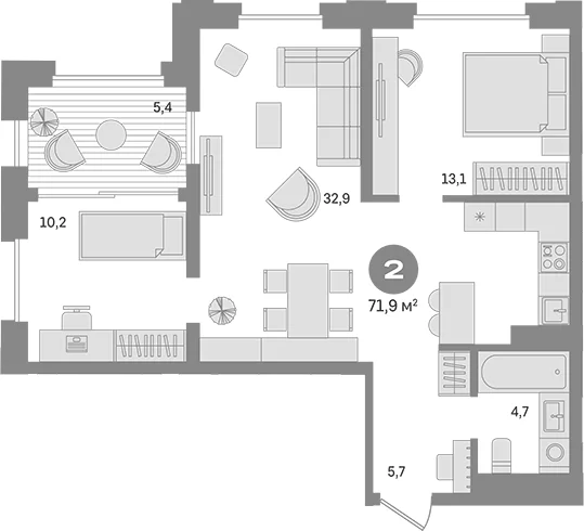Планировка: 2-комнатная квартира 66,5 м² в ЖК «Квартал МОНС»
