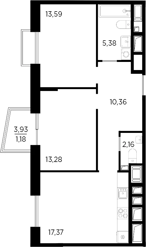 Планировка: Евротрёшка 62,1 м² в ЖК «Респект»