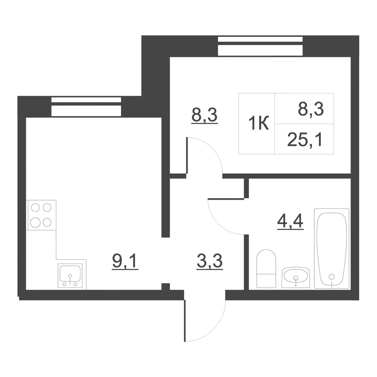 Планировка: 1-комнатная квартира 25,8 м² в ЖК «Дом на набережной. Атлантика»