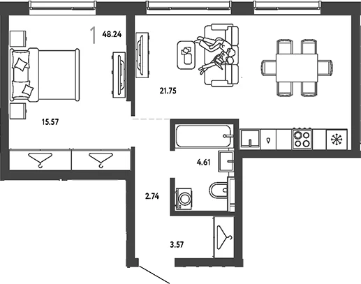 Планировка: 1-комнатная квартира 48,2 м² в ЖК «Страна.Парковая»