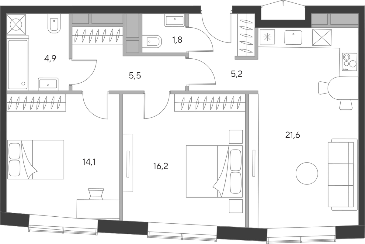 Планировка: Евротрёшка 69,3 м² в ЖК «Дом Чкалов»
