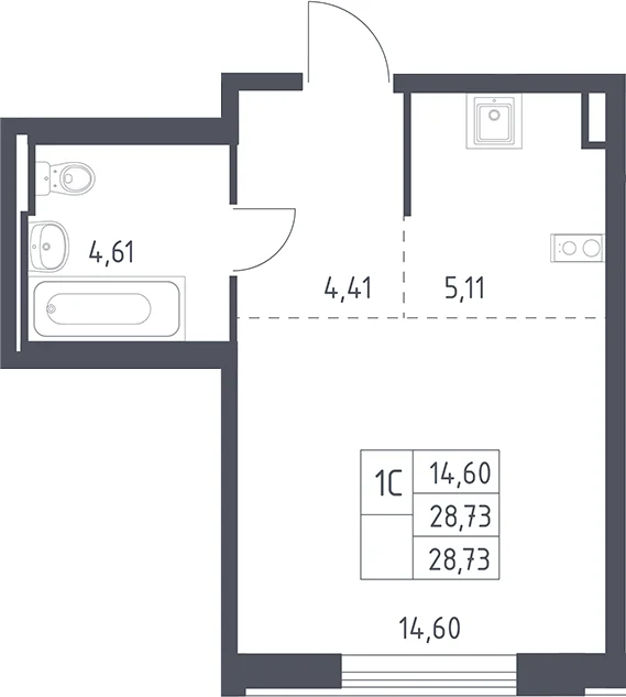 Планировка: Студия 28,7 м² в ЖК «Рублевский квартал»