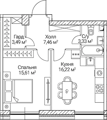 Планировка: 1-комнатная квартира 46,1 м² в ЖК «СЕЗАР СИТИ»