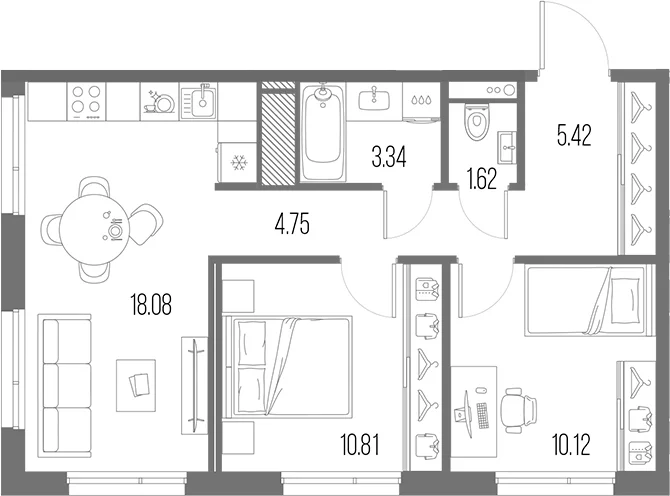 Планировка: Евротрёшка 54,1 м² в ЖК «Легенда Васильевского»