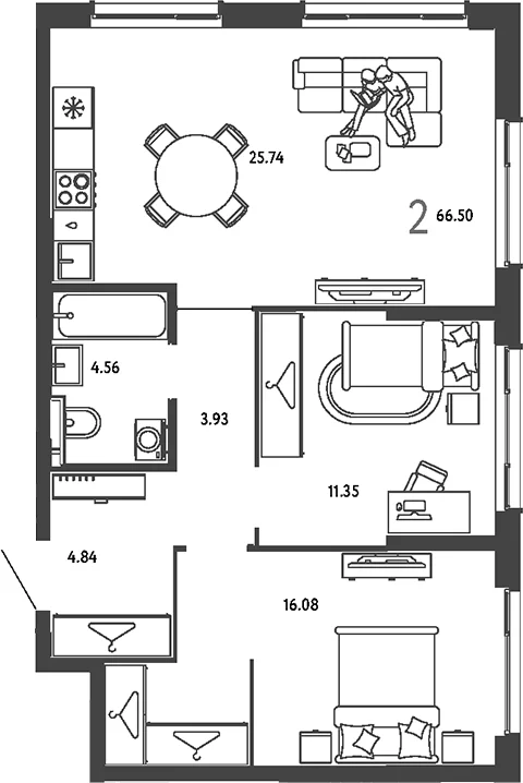 Планировка: 2-комнатная квартира 66,5 м² в ЖК «Страна.Парковая»