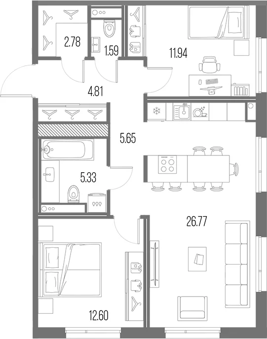 Планировка: Евротрёшка 71,5 м² в ЖК «Легенда Васильевского»