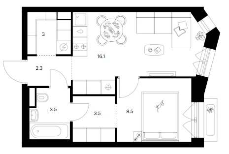 Планировка: 1-комнатная квартира 36,9 м² в ЖК «Мичуринский парк»