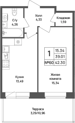 Планировка: 1-комнатная квартира 39 м² в ЖК «Капральский берег»