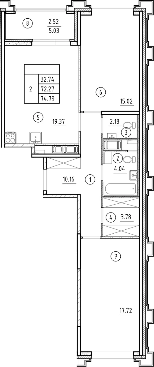 Планировка: Евротрёшка 72,3 м² в ЖК «Ассамблея»