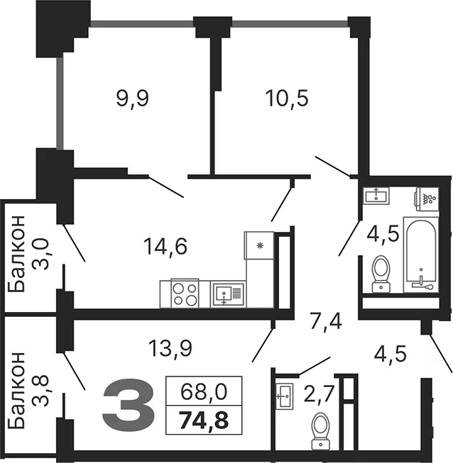 Планировка: 3-комнатная квартира 68 м² в ЖК «Бестселлер»