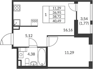 Планировка: 1-комнатная квартира 37 м² в ЖК «Амурино»