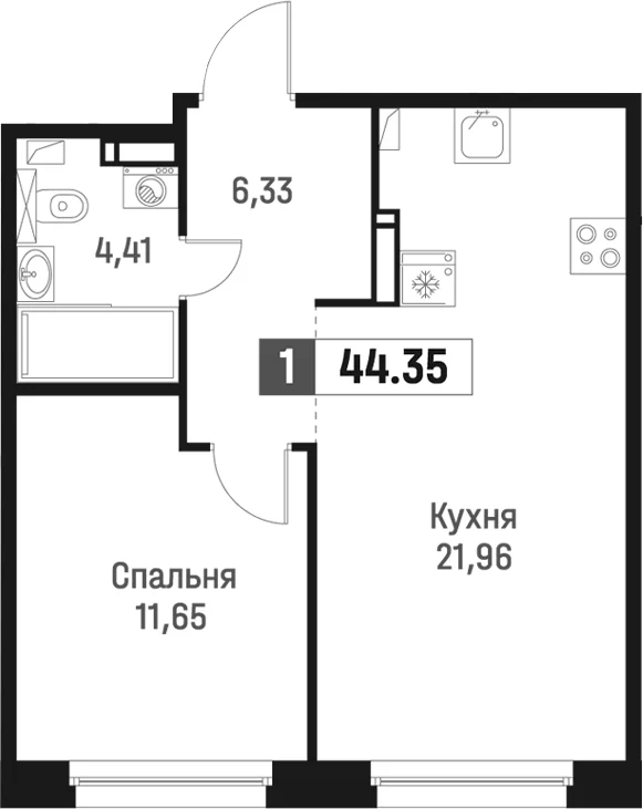 Планировка: Евродвушка 44,4 м² в ЖК «Максималист»